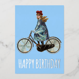 Vintage-Fahrrad Mädchen - Geburtstag Folien Feiertagskarte