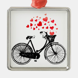 Vintage-Fahrrad mit Herzen im Korb Silbernes Ornament