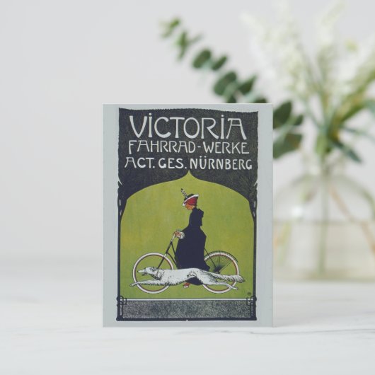 Vintage Fahrradlerin & Dog Postkarte (Stehend Vorderseite)