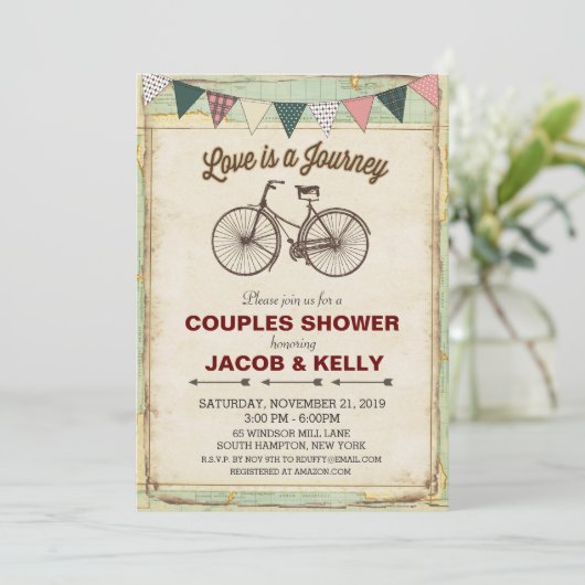 Vintage Fahrradtouren Paar Dusche Einladung (Stehend Vorderseite)