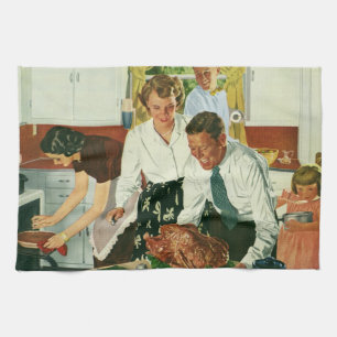 Vintage Familie Kochen Erntedank Abendessen Küche Geschirrtuch