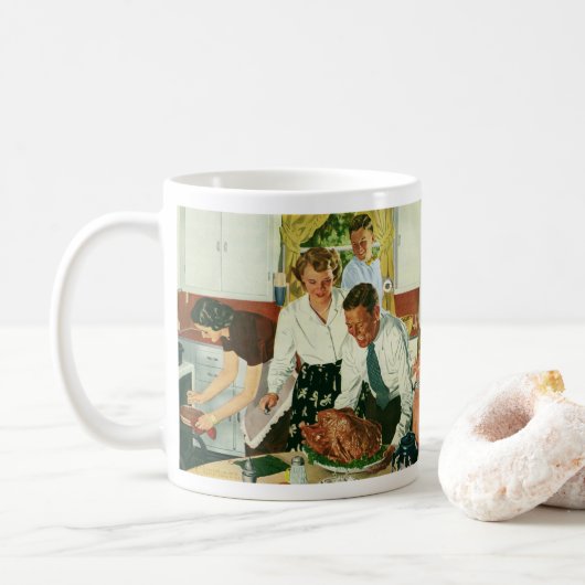 Vintage Familie Kochen Erntedank Abendessen Küche Kaffeetasse (Mit Donut)