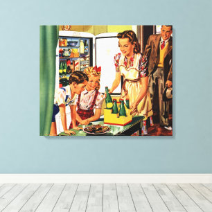 Vintage Familie, Mama mit Kindern, Snacks in der K Leinwanddruck