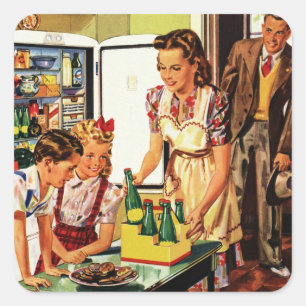 Vintage Familie, Mutter mit Kindern, Snacks in der Quadratischer Aufkleber