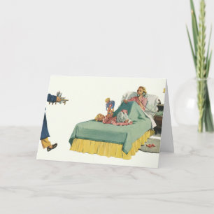 Vintage-Familie serviert Mutter das Frühstück im B Karte