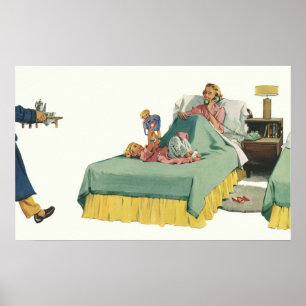 Vintage-Familie serviert Mutter das Frühstück im B Poster