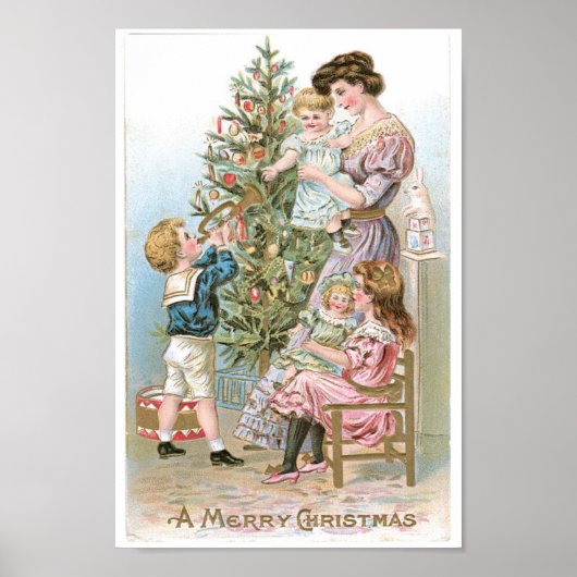Vintage Familie um Weihnachtsbaum Poster (Vorne)