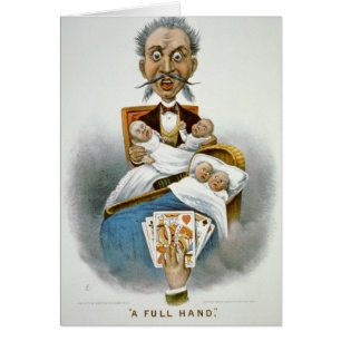 Vintage Familie, Vater mit Babys und Poker Hand