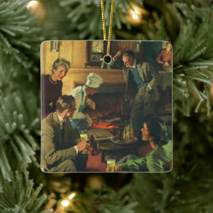 Vintage-Familienparty, Steaks grillend und Bier tr Keramikornament