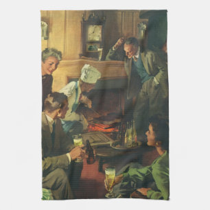 Vintage Familienparty, Steaks kochen und Bier trin Geschirrtuch