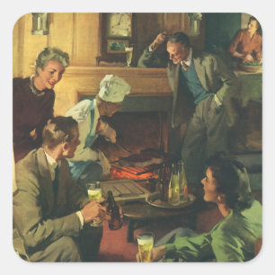 Vintage Familienparty, Steaks kochen und Bier trin Quadratischer Aufkleber