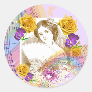 Vintage Fan-Dame Music u. Blumen-runde Aufkleber
