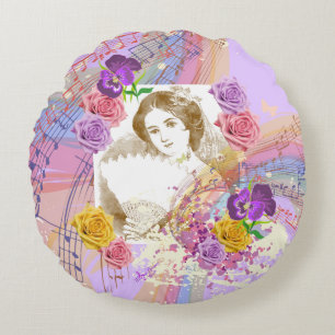 Vintage Fan Lady Music & Blume Rundkissen Rundes Kissen