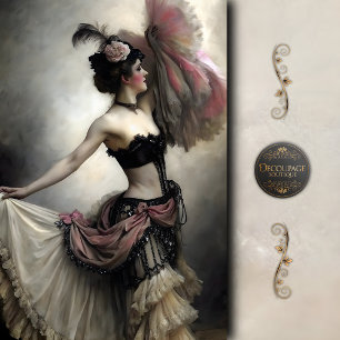 Vintage-Fan-Tänzerin in rosa und schwarzer Decoupa Seidenpapier