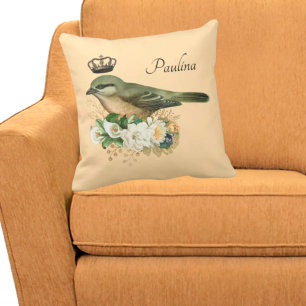 Vintage Fancy Crown Bird auf Pfirsich Personalisie Kissen