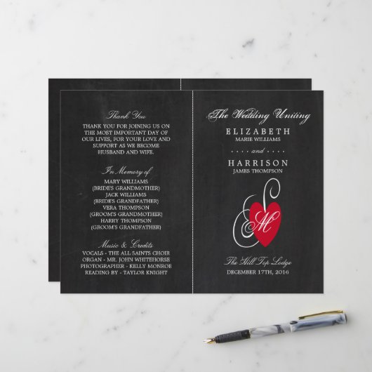Vintage Fancy Heart - Kreidetafel Hochzeitsprogram (Vorderseite/Rückseite Beispiel)