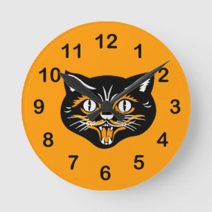Vintage Fangzähne für Schwarze Katze im klassische Runde Wanduhr