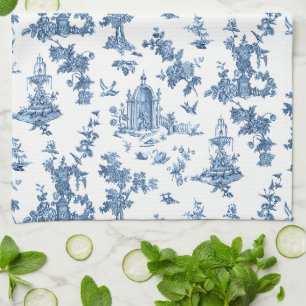 Vintage Fantastische Brunnnen und Bäume Toile-Blau Geschirrtuch