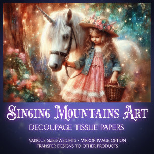Vintage-Fantasy-Einhorn und Mädchen-Decoupage Seidenpapier