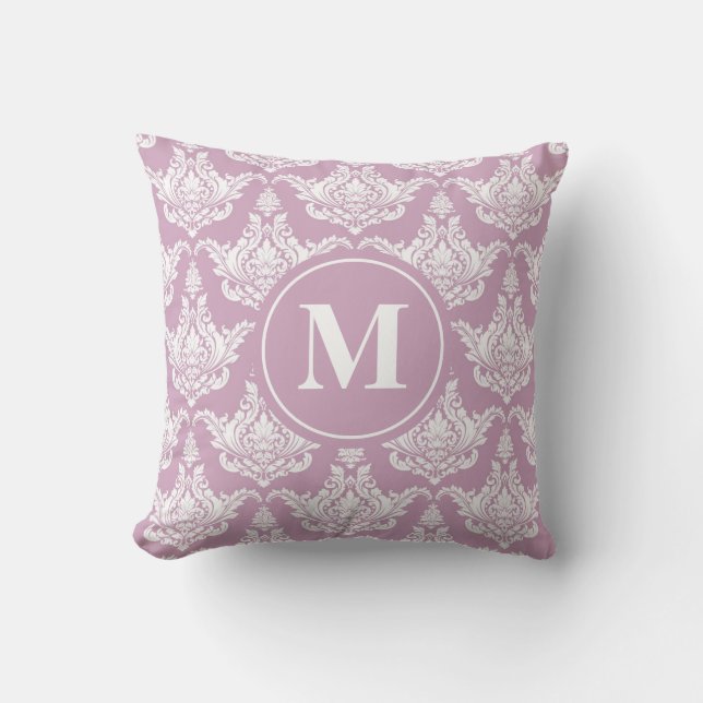Vintage Farbe Lila Damask Monogramm Kissen (Vorderseite)