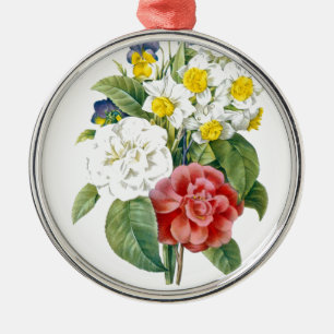 vintage farbenfrohe botanische Blumen von Redoute. Silbernes Ornament