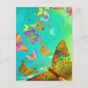 Vintage Farbenfrohe Schmetterling Gold Glitzer Aqu Ankündigungspostkarte