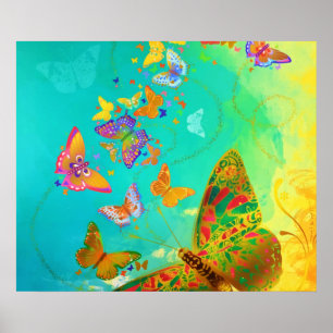 Vintage Farbenfrohe Schmetterling Gold Glitzer Aqu Poster