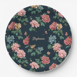 Vintage-farbenfrohes Pfingstrosenmuster auf schwar Pappteller
