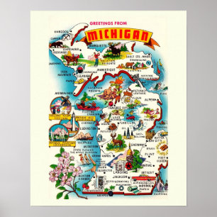 Vintage farbige Karte von Michigan Poster