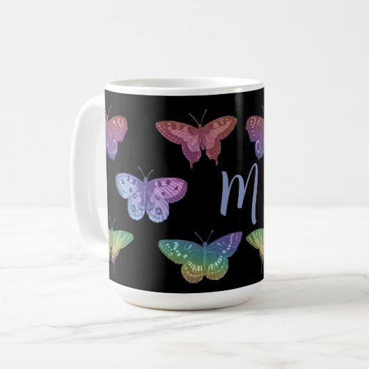 Vintage farbige Schmetterlinge Motten Monogramm Kaffeetasse (Vorderseite Links)