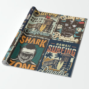 Vintage-farbige Surfposter-Set mit Surferbus Geschenkpapier