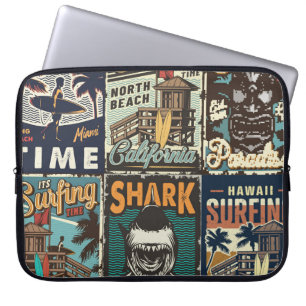 Vintage-farbige Surfposter-Set mit Surferbus Laptopschutzhülle