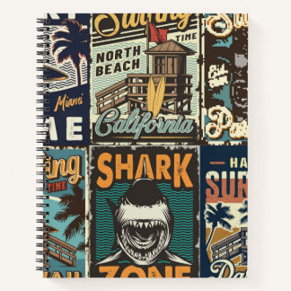 Vintage-farbige Surfposter-Set mit Surferbus Notizblock