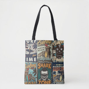 Vintage-farbige Surfposter-Set mit Surferbus Tasche