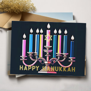Vintage Farbrosa und blaue Menorah Folien Feiertagskarte