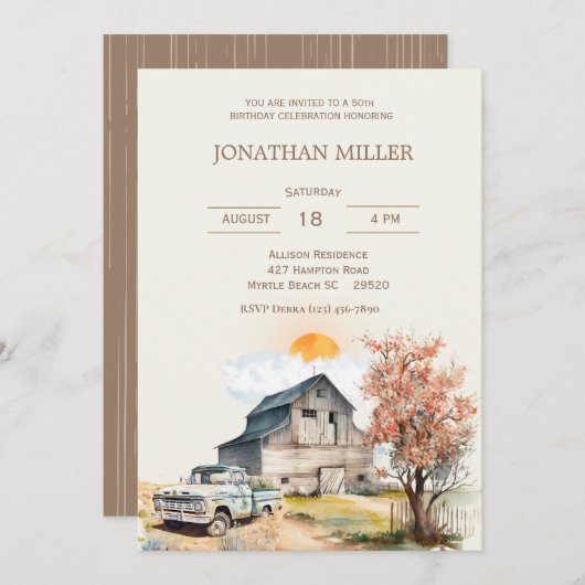 Vintage Farm 50. Geburtstag LKW Party Einladung (Vorne/Hinten)