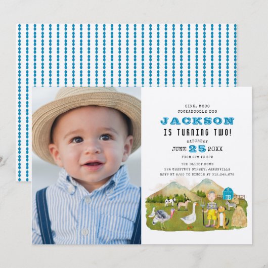 Vintage Farm Barnyard Tiere Foto 2. Geburtstag Einladung (Vorne/Hinten)