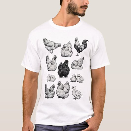 Vintage Farm Chicken Illustration Set T-Shirt (Vorderseite)