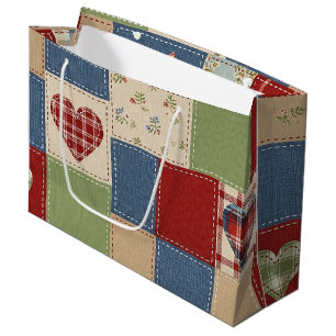 Vintage Farmhouse Herz Quilt Patchworkdruck Große Geschenktüte