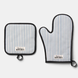 Vintage Farmhouse Ticking Stripe Blue Ofenhandschuh & Topflappen-Set