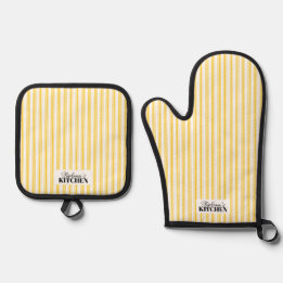 Vintage Farmhouse Ticking Stripe Mustard Yellow Ofenhandschuh & Topflappen-Set
