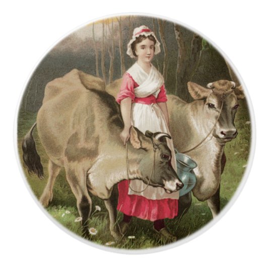 Vintage Farmmädchen und Kuh Keramikknauf (Vorderseite)