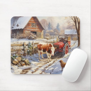 Vintage Farmyard Kuh Traktor Winter Mousepad