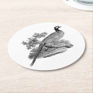 Vintage Fasan Jagdvogel Zeichnung SW Runder Pappuntersetzer