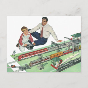 Vintage Father's Day, Dad and Son with Trains Postkarte
