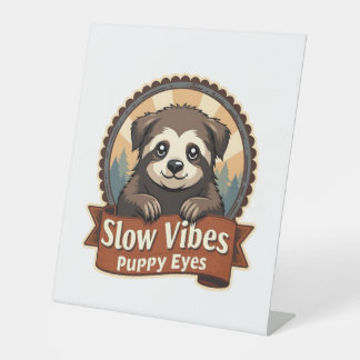 Vintage Faultier-Hund-Shirt Slow Vibes Welpenaugen Sockelschild