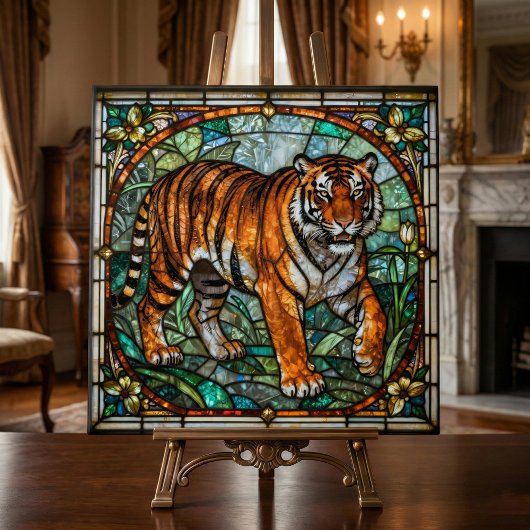 Vintage Faux Stained Glass Tiger Jungle Mosaic Fliese