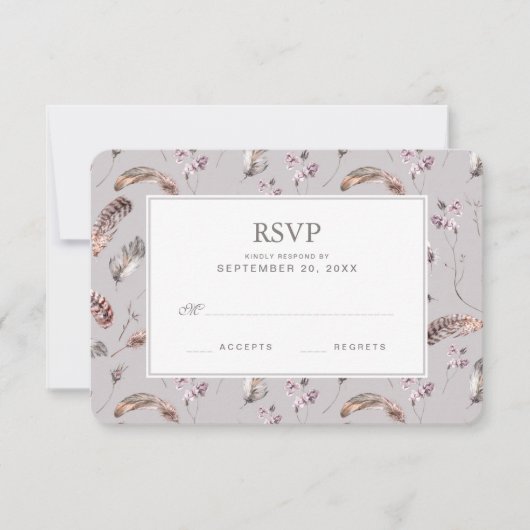 Vintage Feder- und Blumenmuster - HochzeitsrSVP RSVP Karte (Vorderseite)