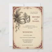 Vintage-Federmasken-Scroll-Hochzeit Einladung (Vorderseite)