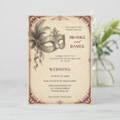 Vintage-Federmasken-Scroll-Hochzeit Einladung (Stehend Vorderseite)